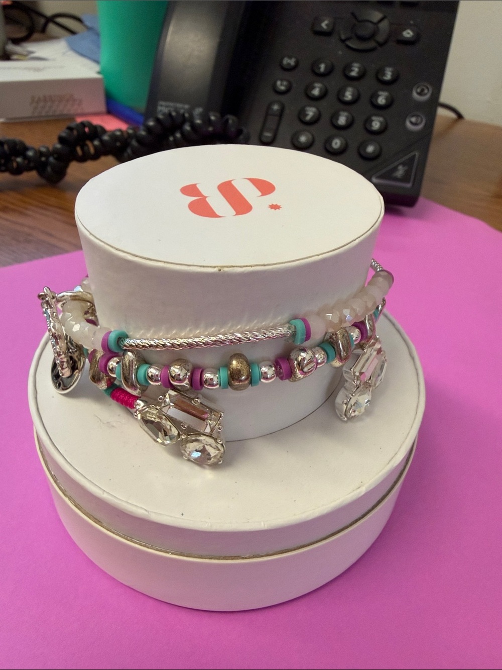 Bomb Party Pink & Turquoise Beaded Bracelet with Crystal Charms stack